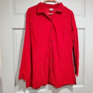 J. Jill Corduroy Shirt Cherry Red Tunic Shirt Gathered Back Seam Women Sz Large